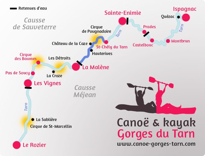 Carte du parcours Saint-Chély du Tarn / La Malène Gorges du Tarn
